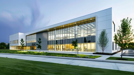 Obraz premium Modern Office Building with Glass Facade and Landscaped Grounds