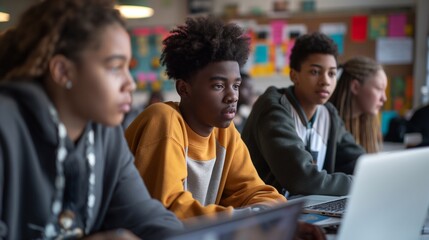 A classroom environment, high school students collaborate on a programming task, showcasing their ability to work as a team and leverage technology to achieve academic success and personal growth