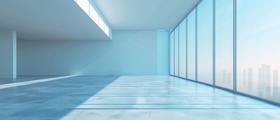 Obraz premium An empty room faces the city outside, sunlight streaming in through the window panes