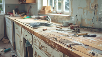 Installing a new kitchen countertop, tools scattered around