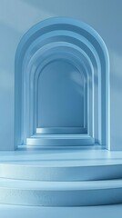  A series of stairs ascends to a central archway in a room boasting a light blue wall background