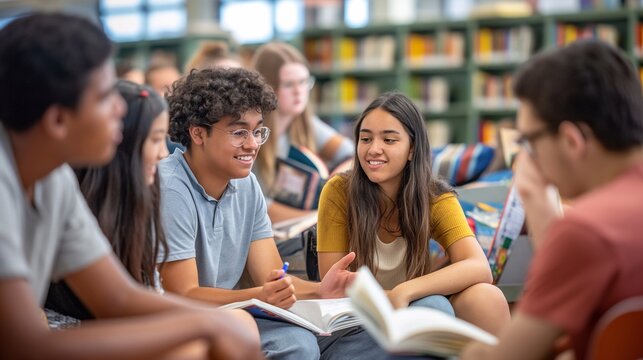 Enthusiastic, a group of teenage students collaborates on a project in a bright classroom, their teamwork and mutual support highlighting the inclusive and interactive nature of modern education