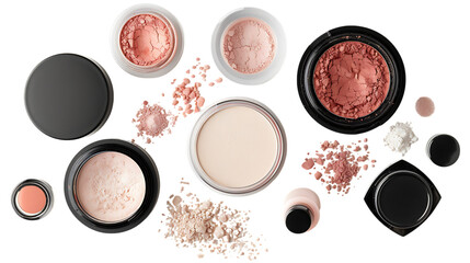 Set of face powders and other makeup products isolated on transparent background 