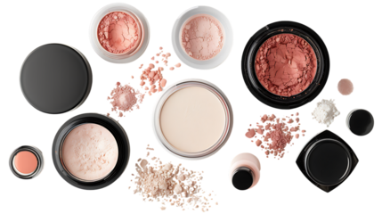 Set of face powders and other makeup products isolated on transparent background 