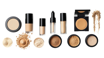 Set of face powders and other makeup products isolated on transparent background 