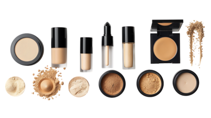 Set of face powders and other makeup products isolated on transparent background 