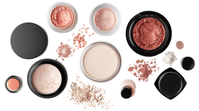 Set of face powders and other makeup products isolated on transparent background 