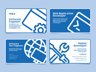Business cards for software engineers showcasing skills and contact information in a professional design