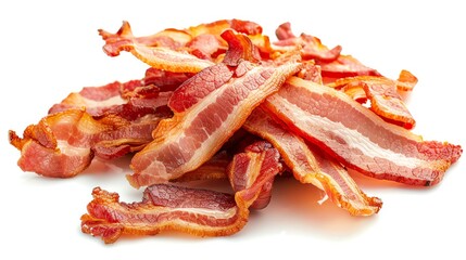 Crispy bacon strips on solid white background, single object