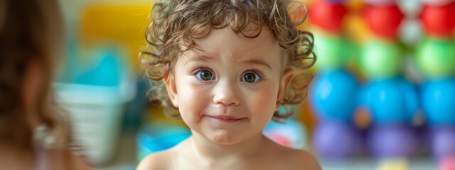 Fototapeta premium A child's face, inches from a hairdryer, surrounded by scattered toys