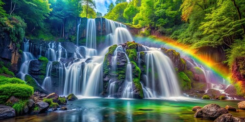 Obraz premium Vibrant rainbow waterfall cascading down rocks in a lush green forest setting, nature, water, colorful, rainbow, serene