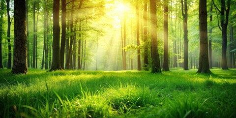Obraz premium Green forest grass illuminated by the sun, nature, sunlight, bright, vibrant, lush, foliage, plants, environment, outdoors