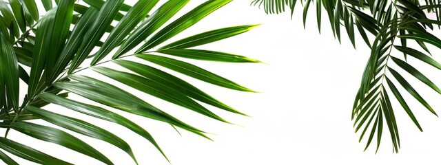 Fototapeta premium A palm tree branch in sharp focus against a pristine white sky background