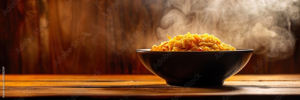 Poster a steaming bowl of instant noodles rests on a wooden table, inviting with its warmth and delicious a