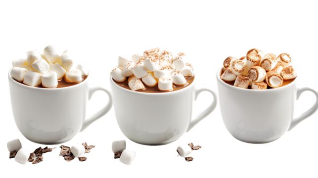 Set of tasty hot chocolate with marshmallows isolated on transparent background 