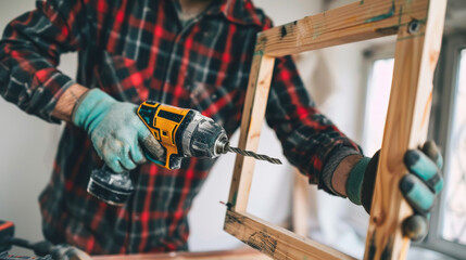 Worker using a power drill to hang a picture frame