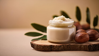 Shea butter jar on neutral background. Organic skincare products. Natural cosmetic. Beauty concept