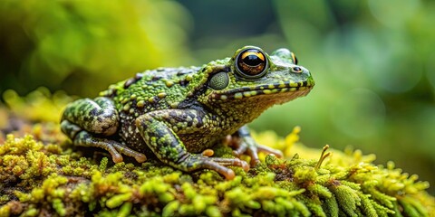 Fototapeta premium Vietnamese Mossy Frog blending in with moss-covered rocks in its natural habitat, Vietnamese mossy frog, amphibian, camouflage