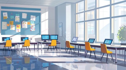 Modern Office Interior Design with Large Windows and Sunny Workspace