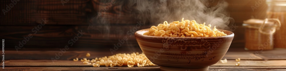 Poster a steaming bowl of instant noodles sits on a wooden table, inviting and ready to be savored. generat