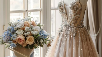 Elegant Champagne Gown with Beaded Detailing and Sheer Overlay for a Royal Affair