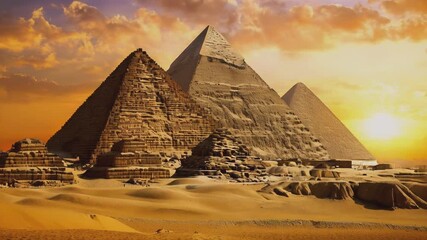 Great Pyramids of Giza at sunset in this stunning timelapse. Watch as the golden light transforms these ancient wonders, highlighting their timeless majesty.