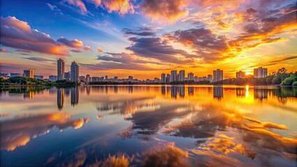 Fototapeta premium Sunset over cityscape with reflections on a lake , sunset, cityscape, reflections, lake, water, urban, evening, skyline, city