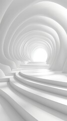 Fototapeta premium A white tunnel illuminated by a brilliant light at its end, revealing steps that lead the way