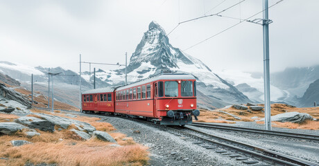 Modern red train traversing through a breathtaking landscape with majestic mountains in the background epitomizing travel in a serene alpine setting Wallpaper Background Poster