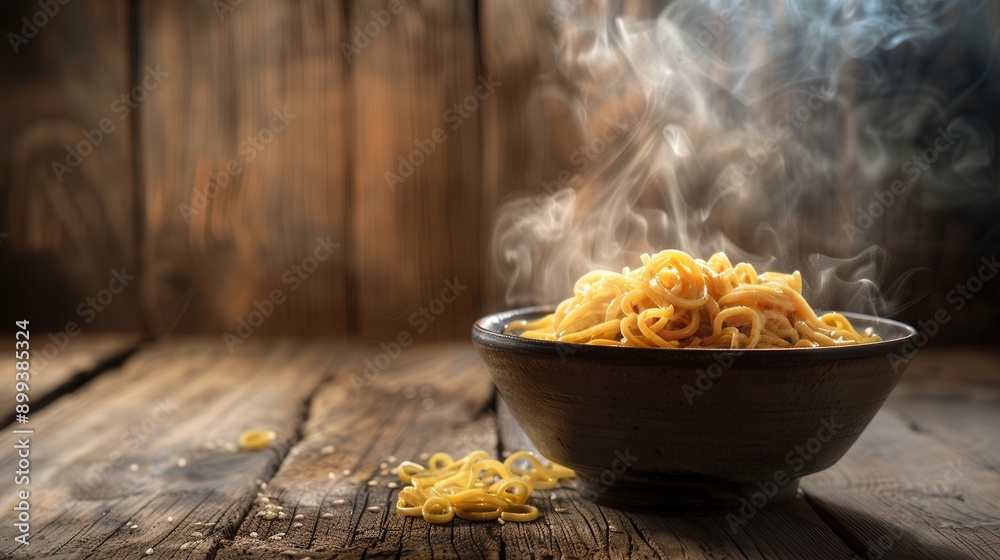 Poster a steaming bowl of delicious instant noodles sits on a rustic wooden table, inviting warmth and comf