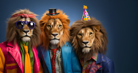 Creative animal concept. Group of lion in funky Wacky wild mismatch colourful outfits on bright background advertisement, copy space. birthday party invite invitation banner	
