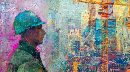 Abstract art showcasing a construction worker overlooking a bustling urban construction site with a dreamy background.