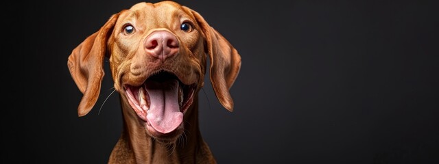  A tight shot of a dog's expressive face, tongue hanging out and mouth agape