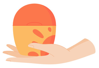 Hand hold sunblock lotion product sticker, creative skin protection spray container, vector sunblock moisturizer pack, flat solar block lotion bottle, cartoon sunscreen cosmetic tube,