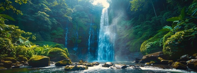  In a forest, a sunlit waterfall features rocks in its foreground
