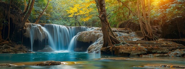 Fototapeta premium A waterfall painted in a forest's heart, blue pool preceding