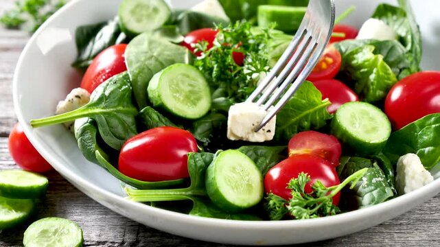 bowl of spinach salad with fork eating