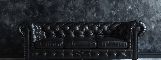 Fototapeta premium A black leather couch faces a black textured wall Wooden floor lies ahead