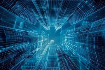 Digital blue abstract city skyline with wireframe structures depicting futuristic technology and modern urban architecture concepts.