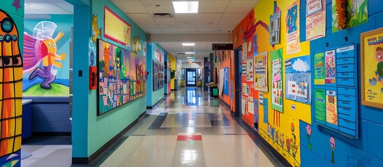 A vibrant school corridor decorated with student projects, colorful murals, and informational posters. The corridor is lively and engaging.