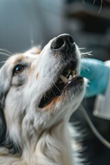 Close-up: A veterinarian brushes a dog's teeth. Pet care concept, veterinary clinic advertising, vertical
