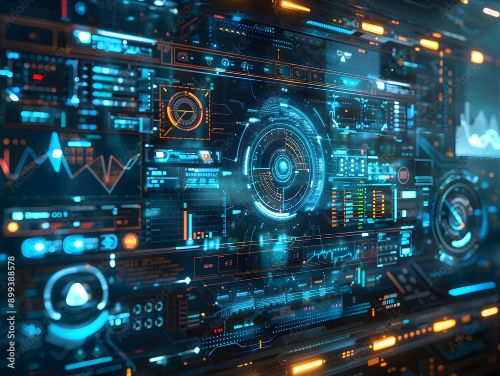 Poster futuristic holographic interface with floating data panels and touch controls in dark high tech cybe