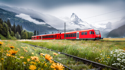Modern red train traversing through a breathtaking landscape with majestic mountains in the background epitomizing travel in a serene alpine setting Wallpaper Background Poster