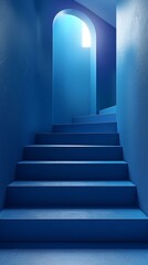 Obraz premium A set of blue stairs ascends to a brightly lit, blue room, culminating in a single light at the summit