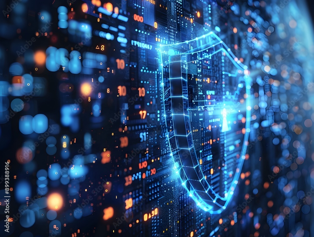 Aufkleber cybersecurity shield with binary code and digital locks against futuristic cyber backdrop