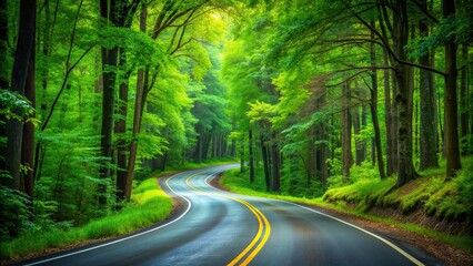Obraz premium Asphalt road winding through lush green forest, nature, trees, landscape, travel, journey, pathway, tranquility
