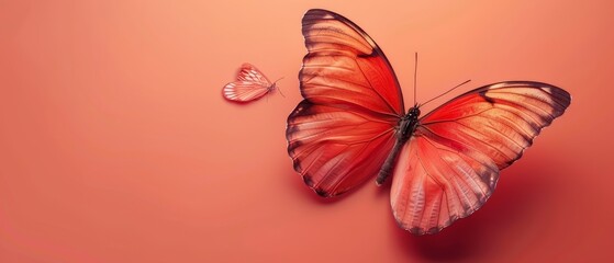 Obraz premium A red butterfly, in sharp focus, rests atop a pink backdrop In the image's heart, another smaller butterfly resides