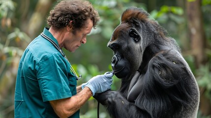 A veterinarian is examining a large gorilla with a stethoscope.