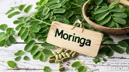 Moringa leaves and supplements capsules. Selective focus.