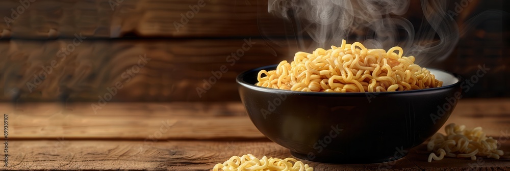 Aufkleber A steaming bowl of instant noodles sits on a rustic wooden table, inviting hunger with its warmth and delicious aroma. Generative AI